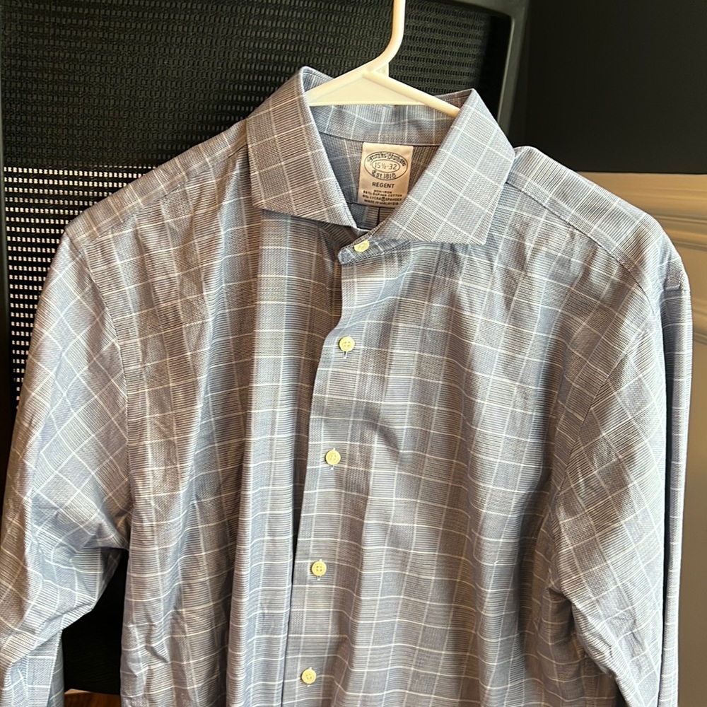 Brooks Brother luxury dress shirt, blue check, size 15.5/32 regent fit.
